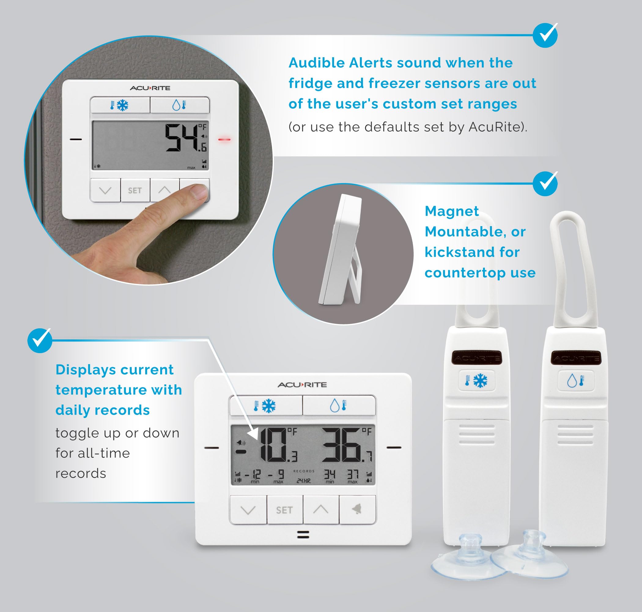 Acurite Matte White Digital Wireless Fridge And Freezer Thermometer For Home And Restaurants With Alarm And High/Low Temperature